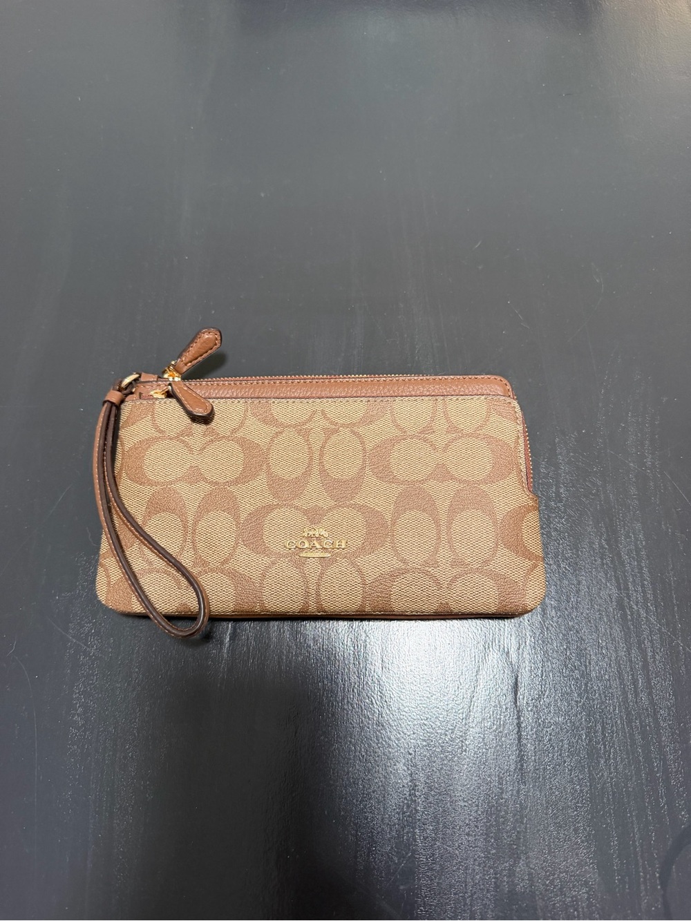 Brand New Coach Brown Signature Canvas Wristlet with Leather Trim